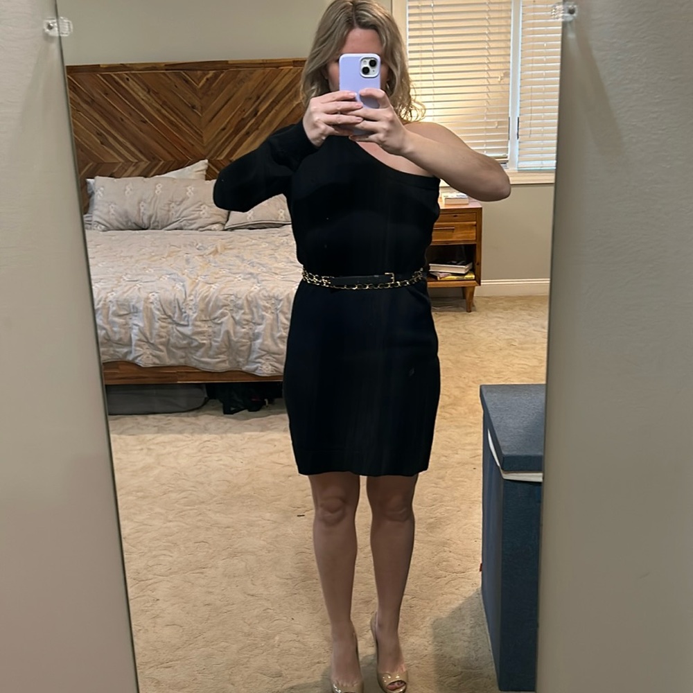 Black one shoulder Michael Kors dress with gold wrap around belt, size small